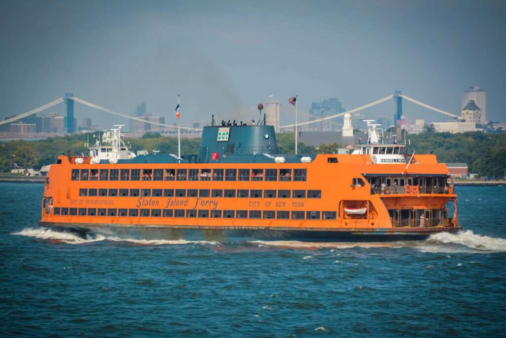 Staten Island Ferry in the water overseeing Straten Island